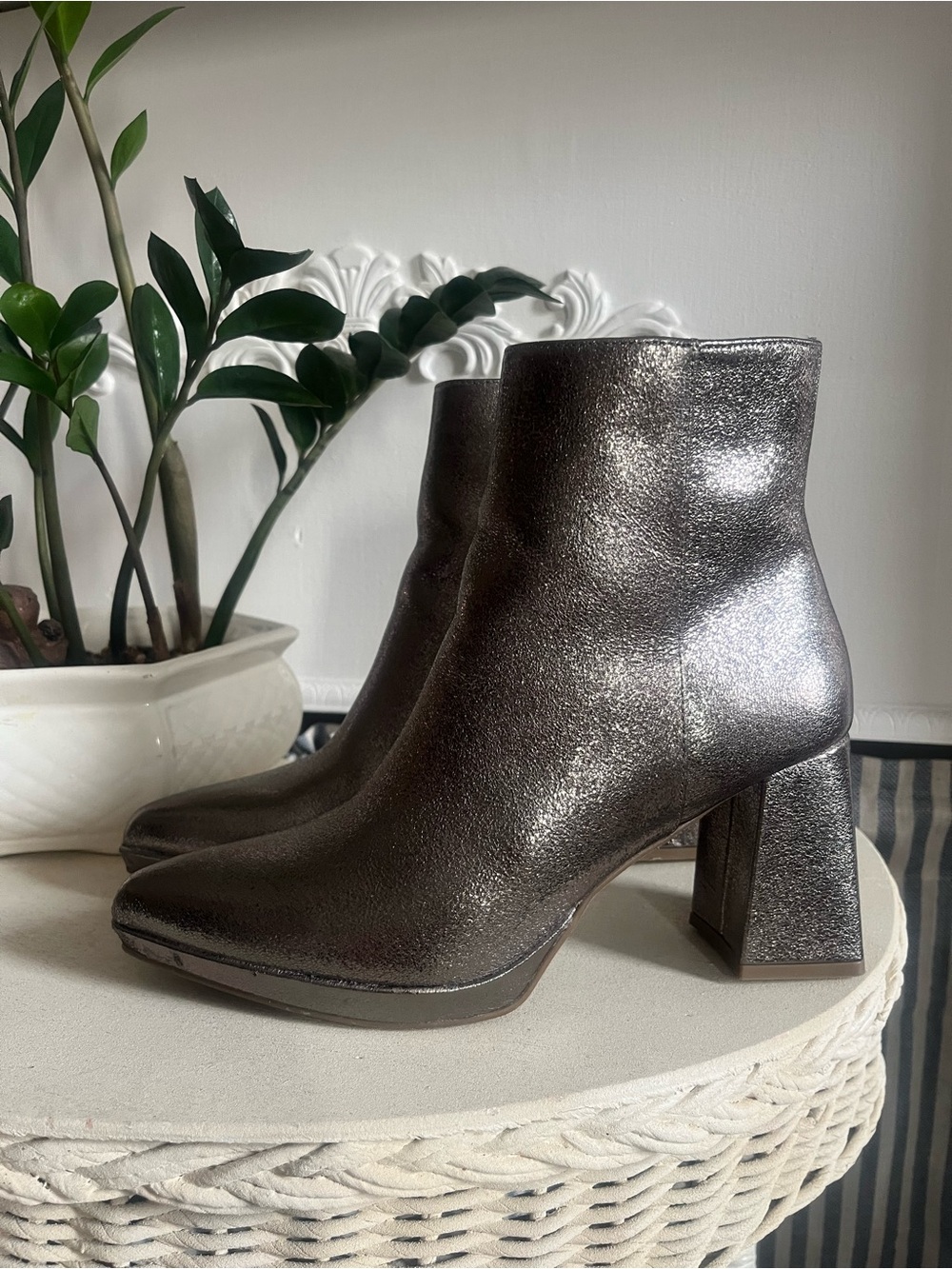 Worthington Metallic Gunmetal Silver Ankle Boots with Block Heel